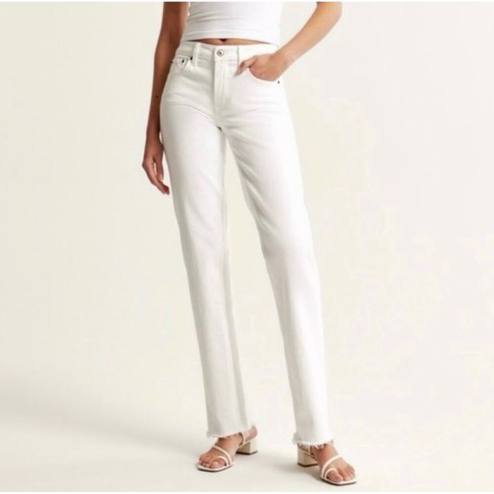 Abercrombie & Fitch The 90s Straight Low Rise Jeans White Raw Hem 32 14L‎